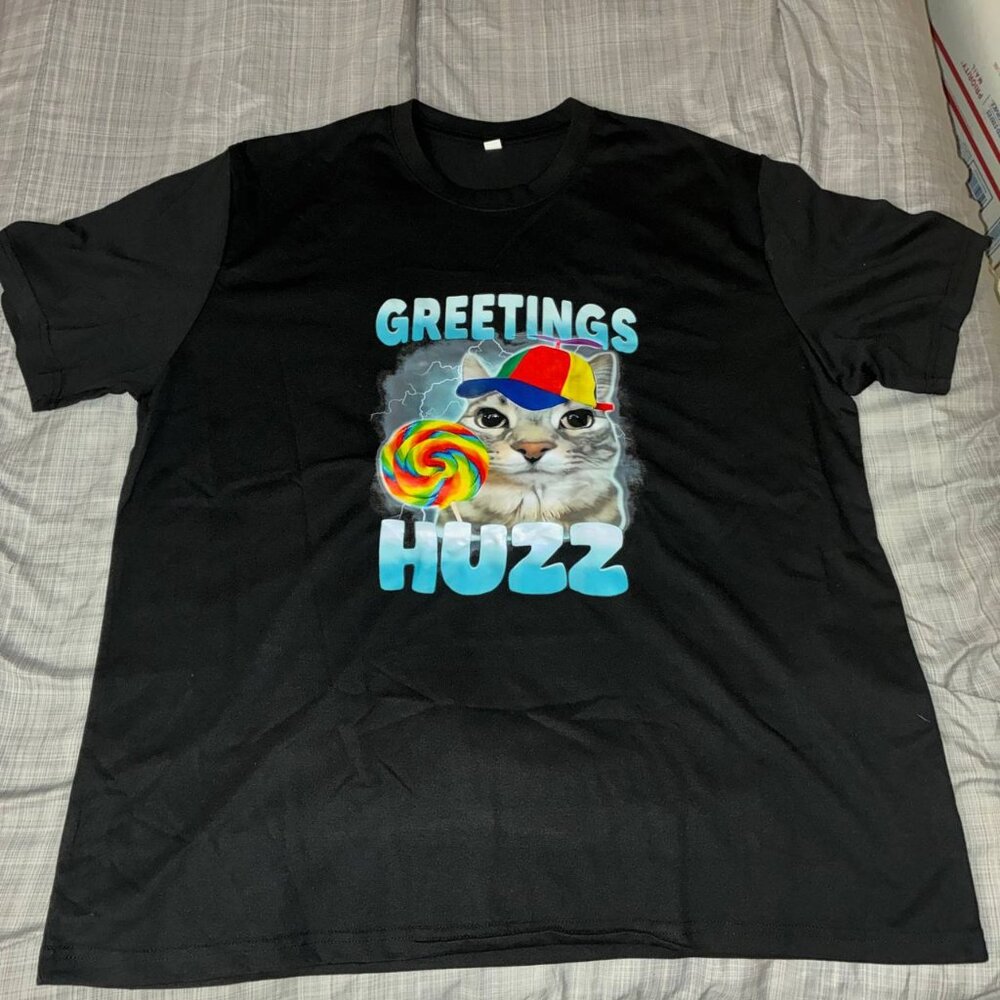 Greetings Huzz - Funny Silly Cat Humor Men T-Shirt - Size 2XL xxl
